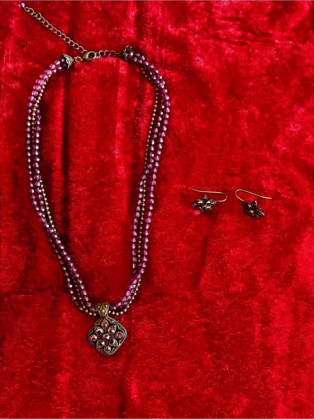 Multi-Strand Purple Beaded Pendant Necklace and Earrings - Women Jewelry